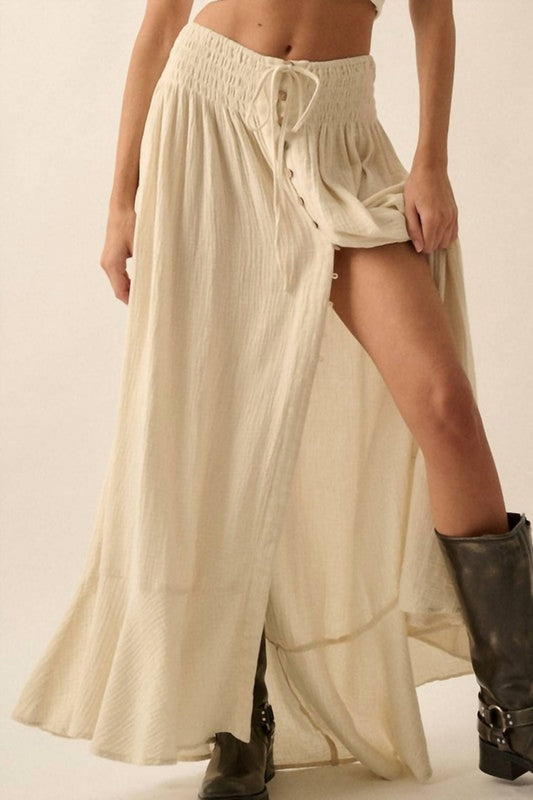 Promesa - Front Slit Crepe Maxi Skirt - beige - clothing - cotton