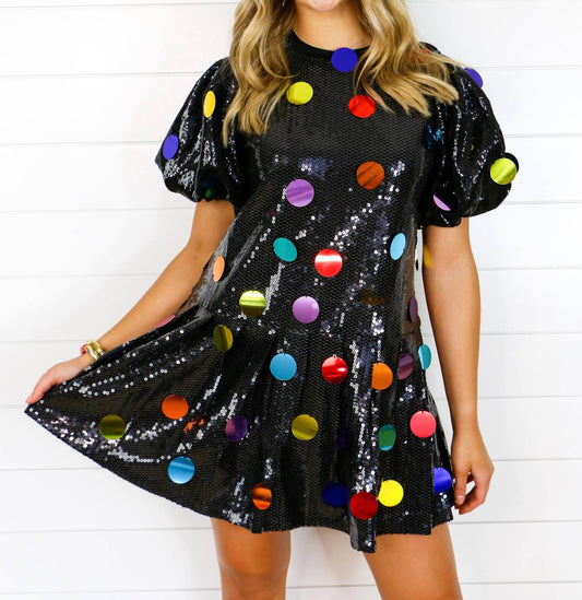 Queen Of Sparkles - Sequin Poof Sleeve Rainbow Paillette Dress - black - clothing - dresses