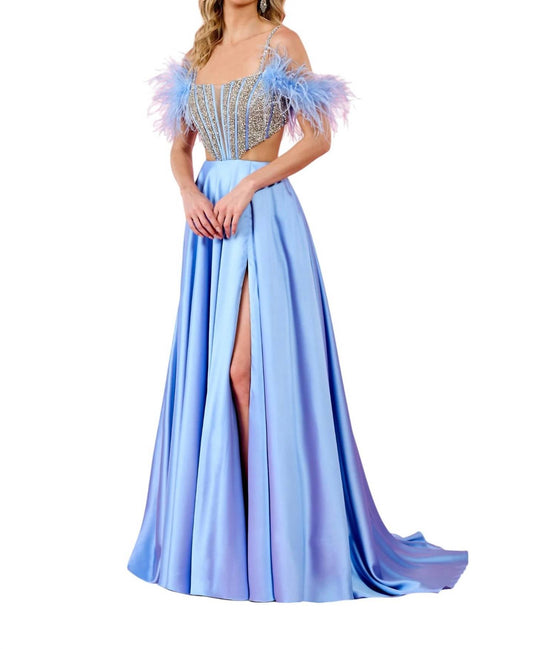 Rachel Allan - Feather Cap Sleeves Prom Dress - blue - clothing - dresses