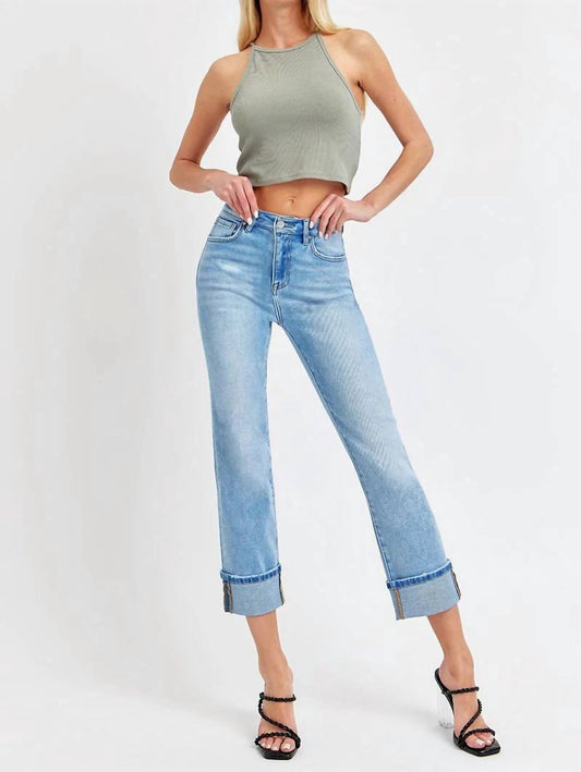 Risen - High Rise Cuffed Straight Jeans - blue - clothing - cotton - blend