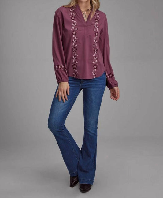 Roper - Long Sleeve Embroidered Wine Blouse - clothing - floral - purple