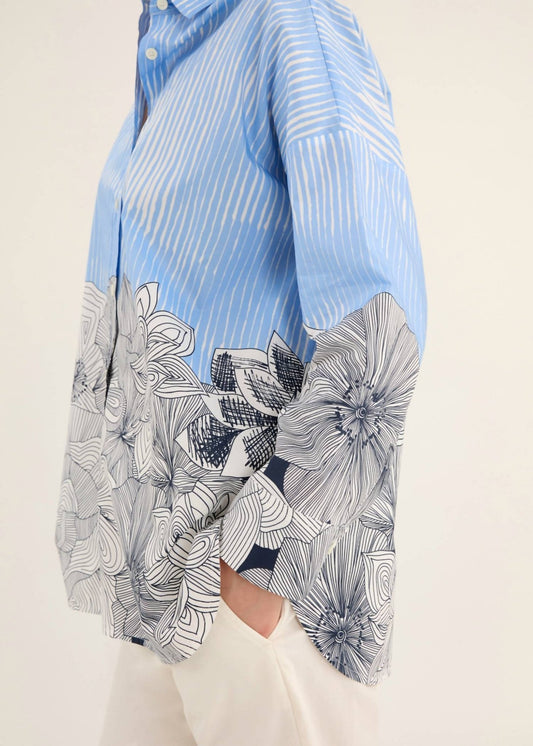 Rosso35 - Printed Long Sleeve Shirt With Side Slits - blue - button - down - shirts - clothing