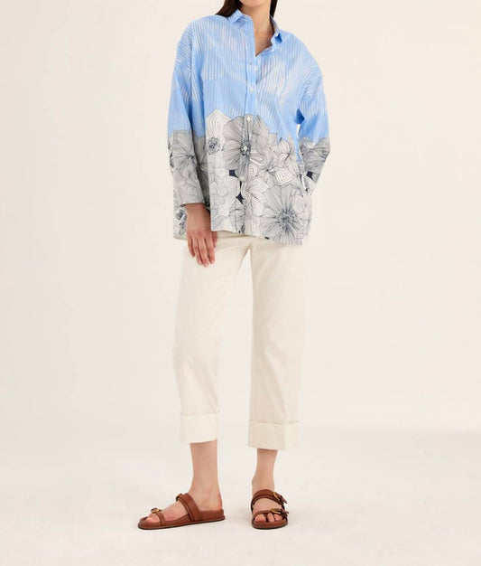 Rosso35 - Printed Long Sleeve Shirt With Side Slits - blue - button - down - shirts - clothing