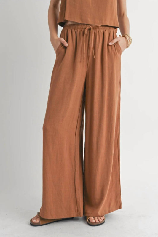 Sadie & Sage - Sugarloaf Elastic Waist Linen Wide Leg Pants - brown - clothing - pants