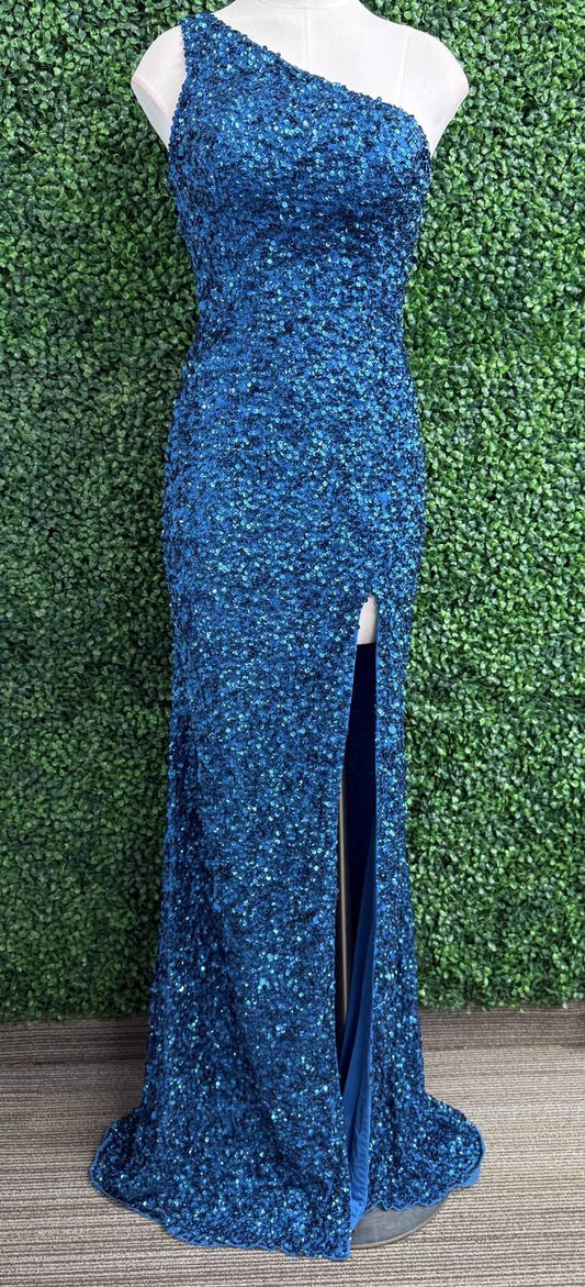 Sherri Hill - Fitted One Shoulder Sequin Dress - blue - clothing - dresses