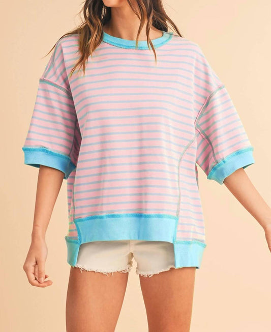 Shewin - Cotton Candy Striped Oversized Tee - blouses - blue - clothing