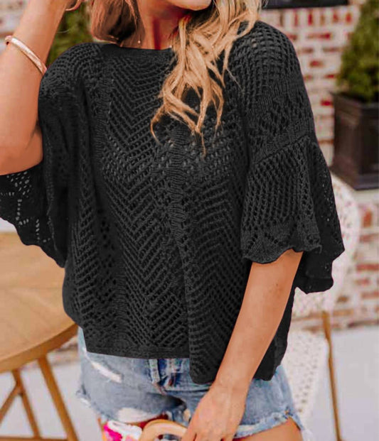 Shewin - Pointelle Knit Oversized Top - acrylic - black - blouses