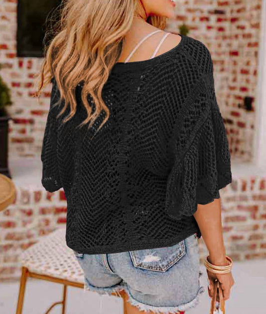 Shewin - Pointelle Knit Oversized Top - acrylic - black - blouses