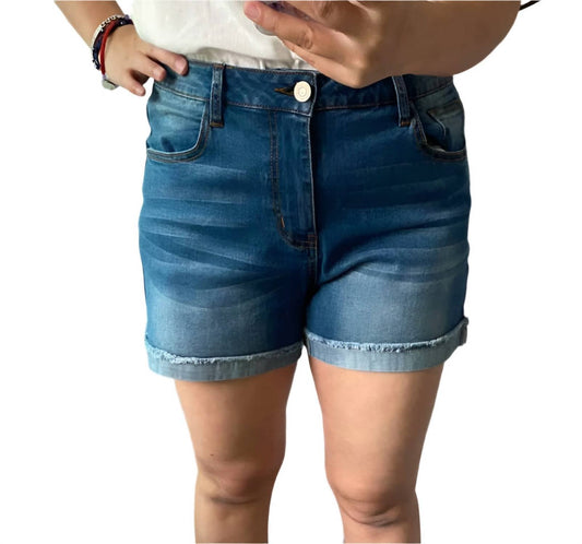 Shirley Stone - Dark Wash Mid - Rise Denim Shorts - blue - clothing - cotton - blend