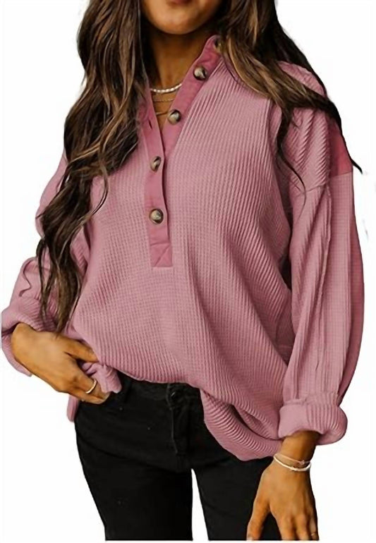 Shop Lala Loo - Waffle Long Sleeve Henley Top - clothing - pink - polyester