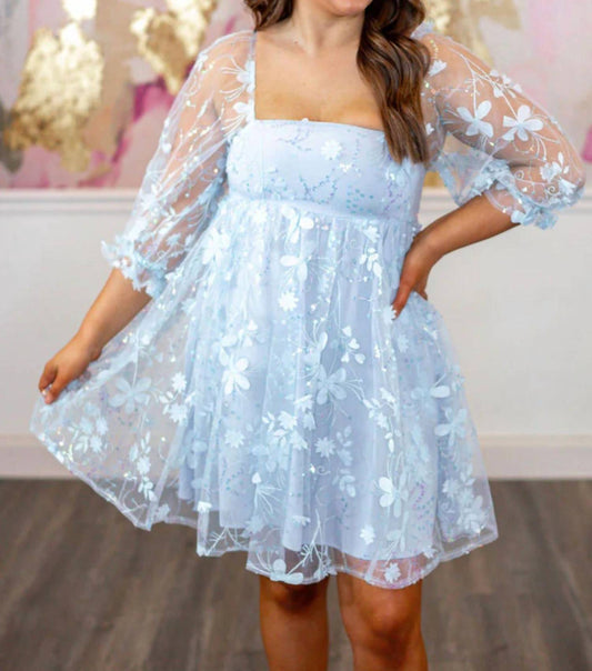 Storia - 3d Flower Appliques Sequin Baby Doll Dress - blue - clothing - dresses