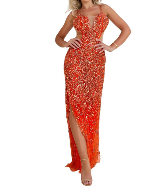 Terani Couture - Sleeveless Plunging Neckline Bodycon Tulle Long Prom Dress - clothing - dresses - orange