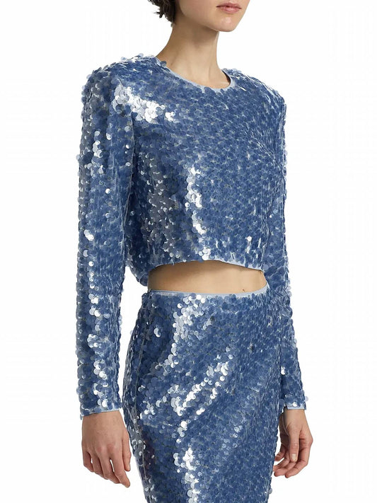 Toccin - Anaya Sequined Long - sleeve Top - blouses - blue - clothing