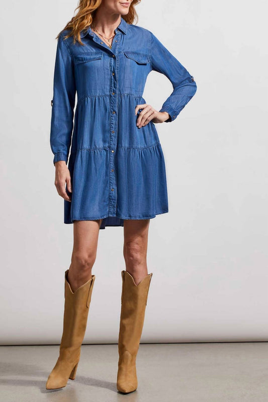 Tribal - Chambray Roll Sleeve Dress - blue - clothing - dresses