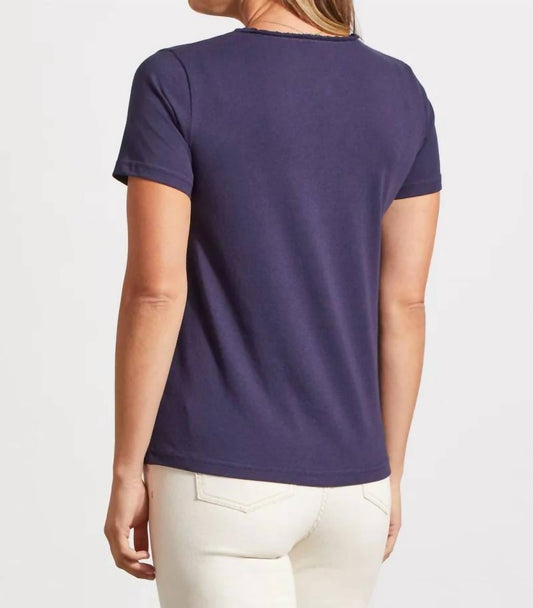 Tribal - V - neck Top With Crochet Trim - blouses - blue - clothing