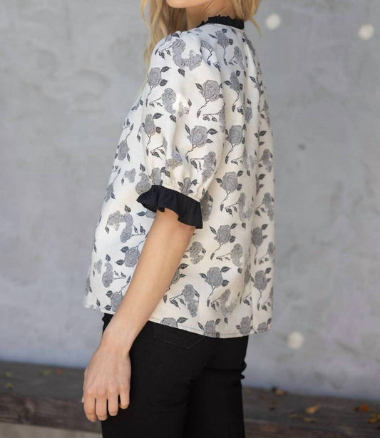 Voy - Rose Jaquard Contrast Ruffle Top - black - blouses - clothing