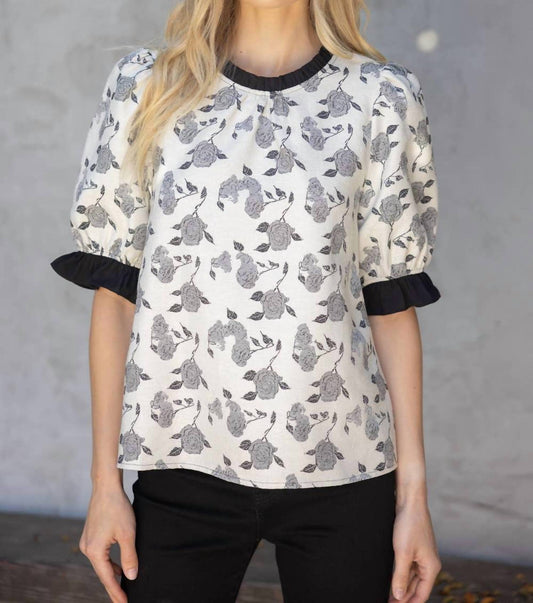 Voy - Rose Jaquard Contrast Ruffle Top - black - blouses - clothing