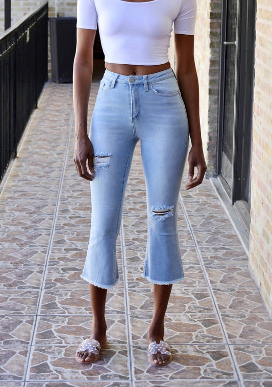 Ymi - Tenielle High - rise Flare Ankle Flood Jean - ankle - blue - clothing