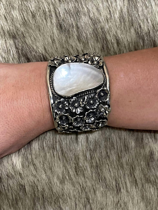 Sterling Cuff with Mother of Pearl, Flowers Bracelet