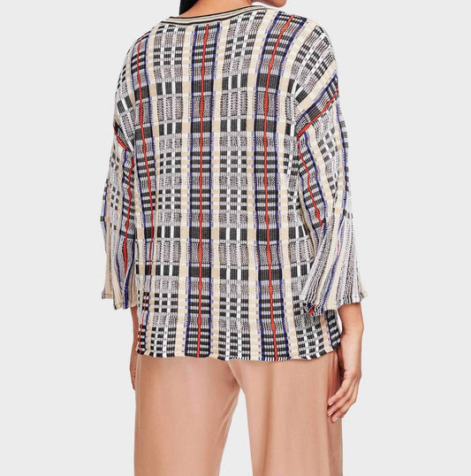 White + Warren - Plaid Flare Sleeve Crewneck Blouse