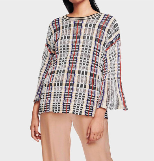 White + Warren - Plaid Flare Sleeve Crewneck Blouse