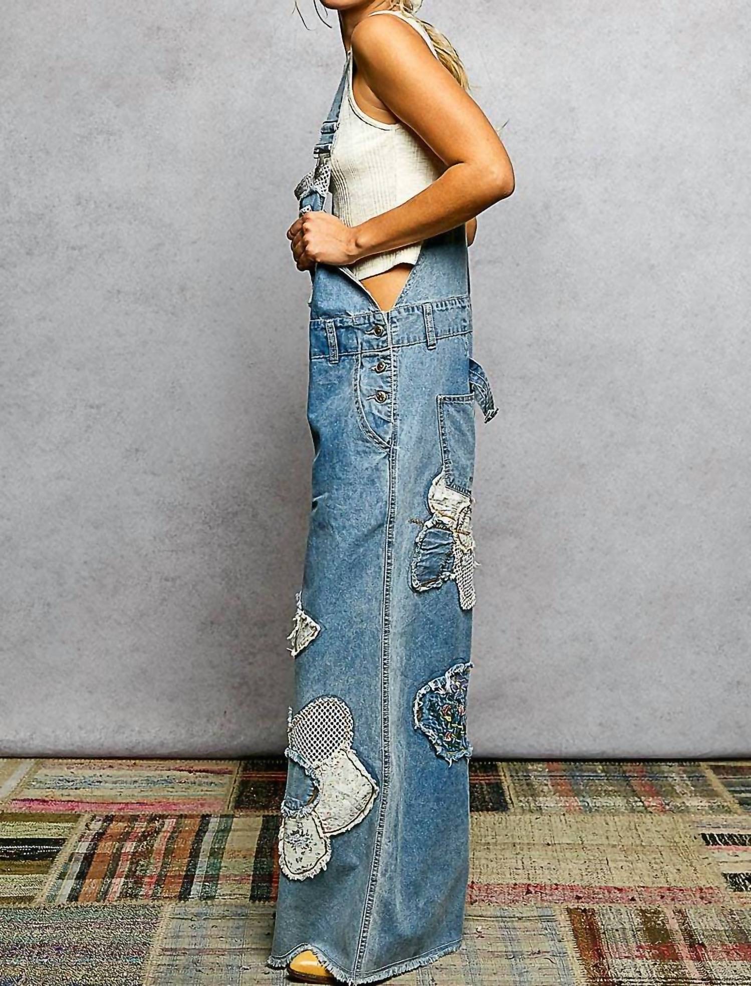 Pol - Embroidery Patchwork Buckle Back Woven Denim Overalls