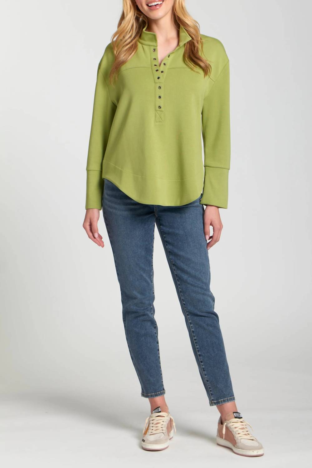 Apny - Grommet Long Sleeve Placket Top