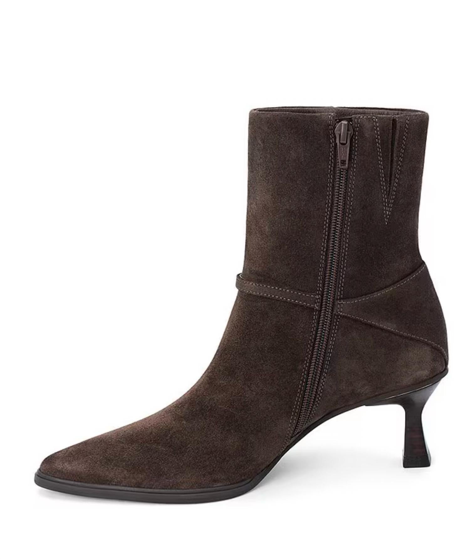 Matisse Women's Ilana Pointed Toe Heel Booties in dark chocolate suede - women's shoe - detail view