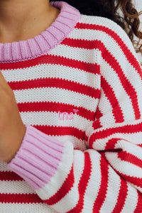 The New Society Marigold Jumper in tulip red pink lavander stripes - kids' sweater - detail view