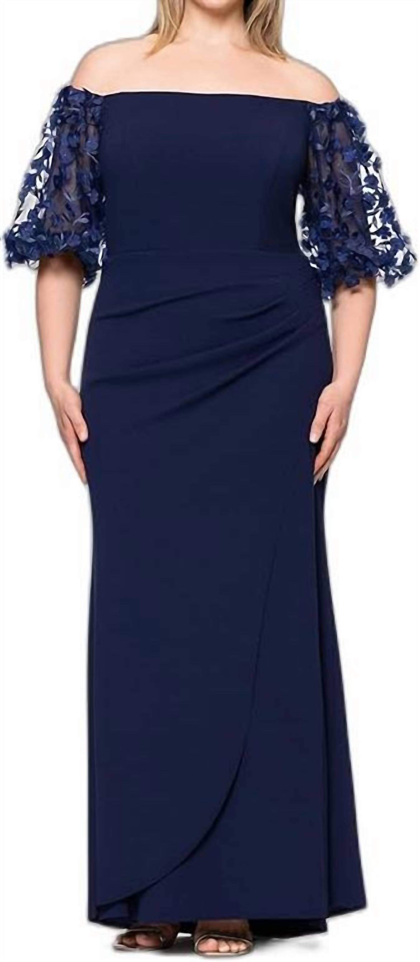 Xscape Long Illusion Sleeve Off The Shoulder Dress Maxi Dress in navy - women's dress - alternate view
