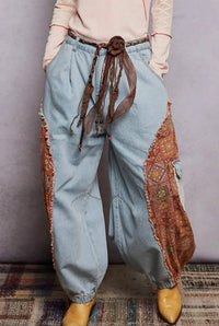 POL Boho Floral Patchwork Cargo Joggers in lt denim - women's pants