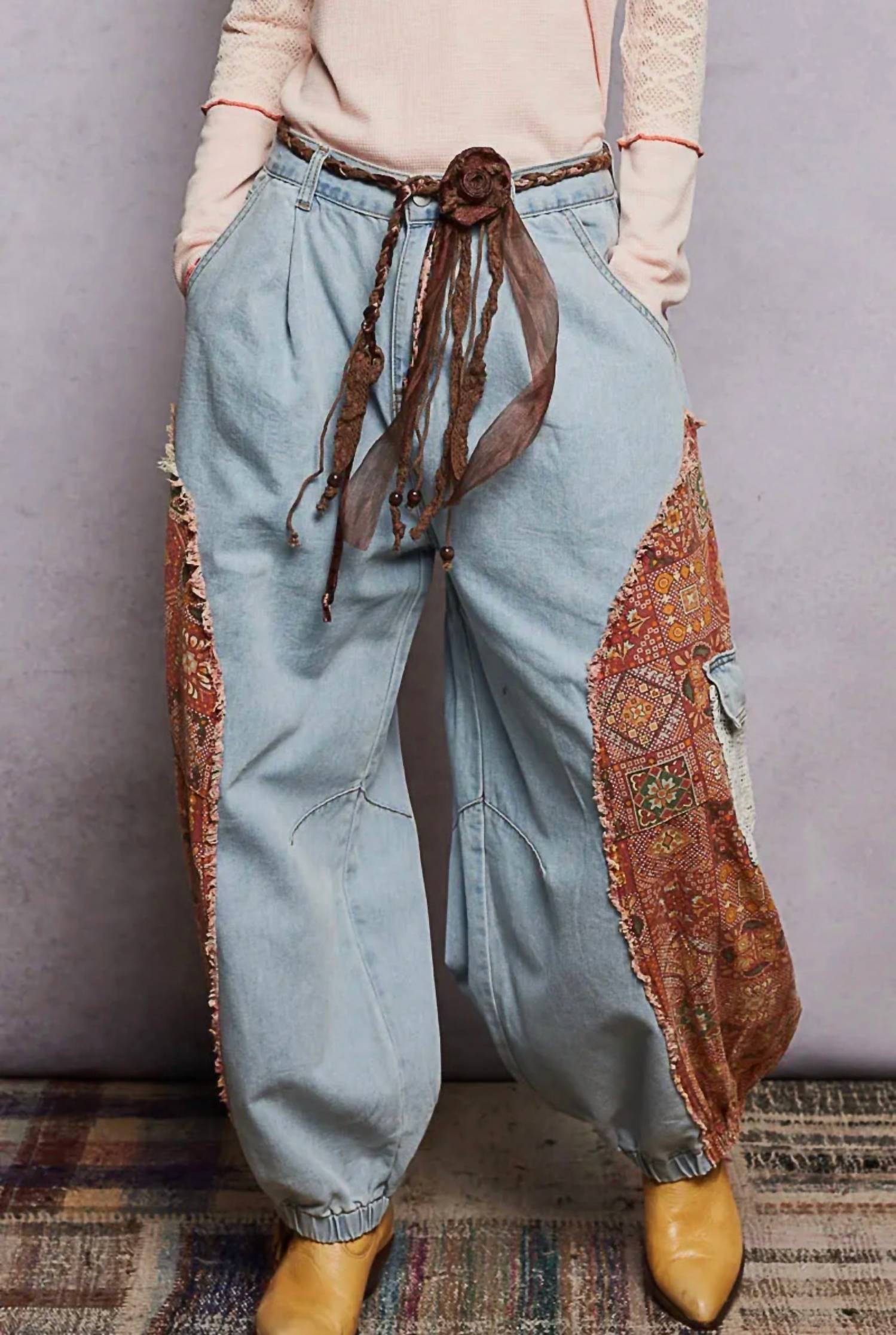 POL Boho Floral Patchwork Cargo Joggers in lt denim - women's pants