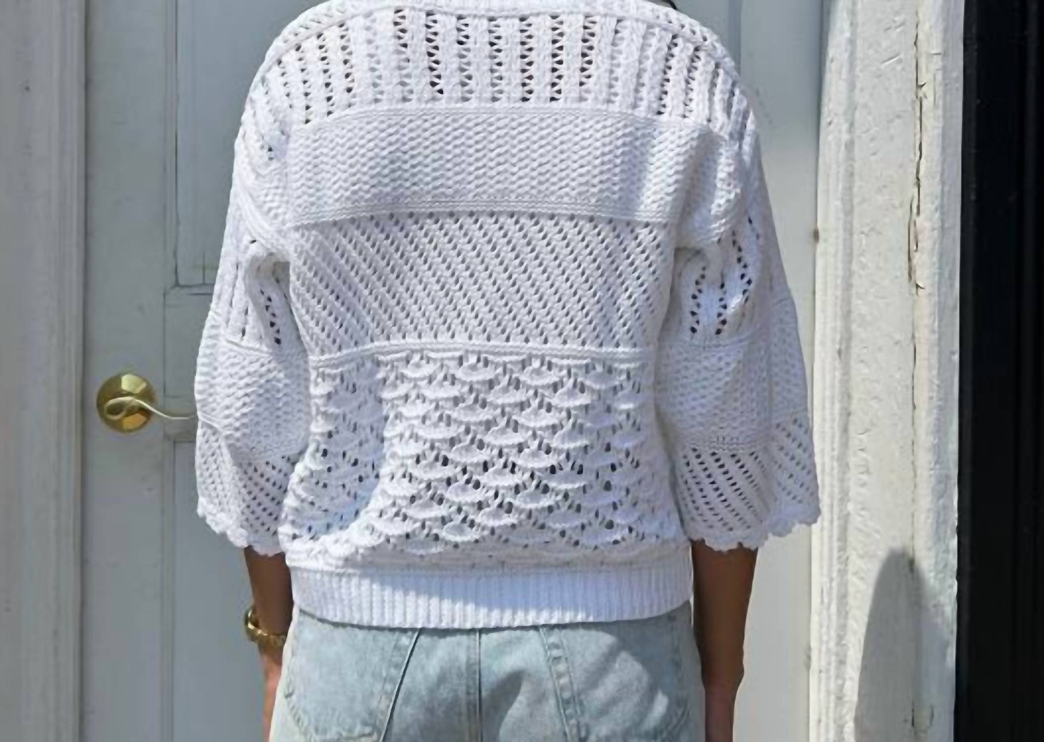 REPEAT cashmere Crochet V Neck Top in white - women's blouse - detail view