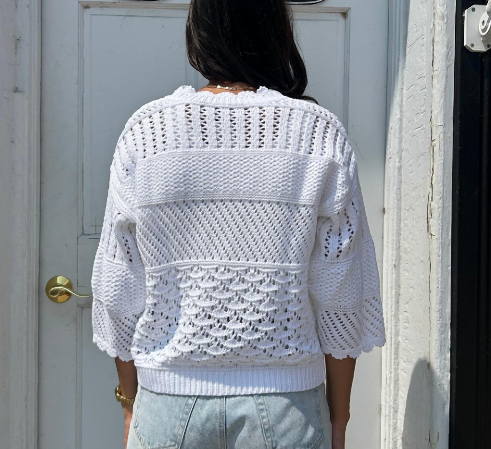 REPEAT cashmere Crochet V Neck Top in white - women's blouse - alternate view