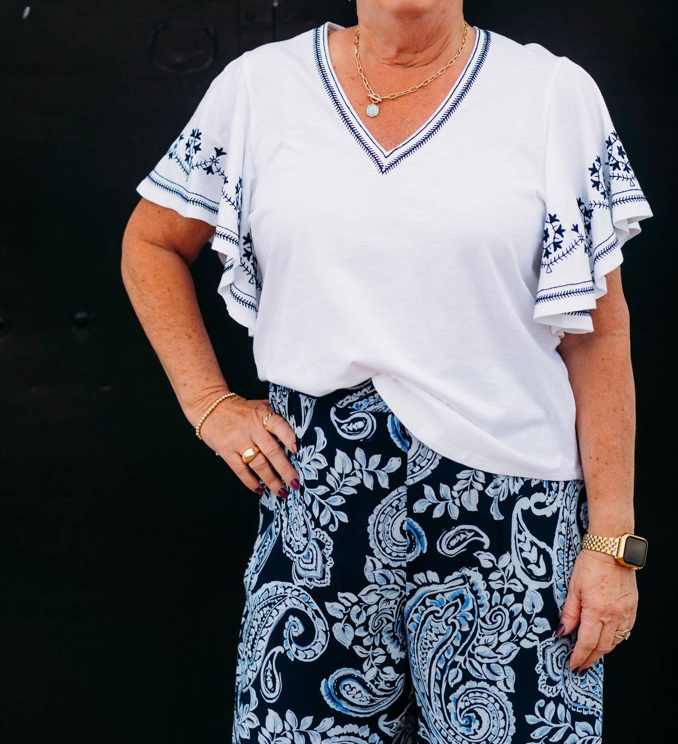 Karen Kane - Embroidered Flutter Sleeve Top