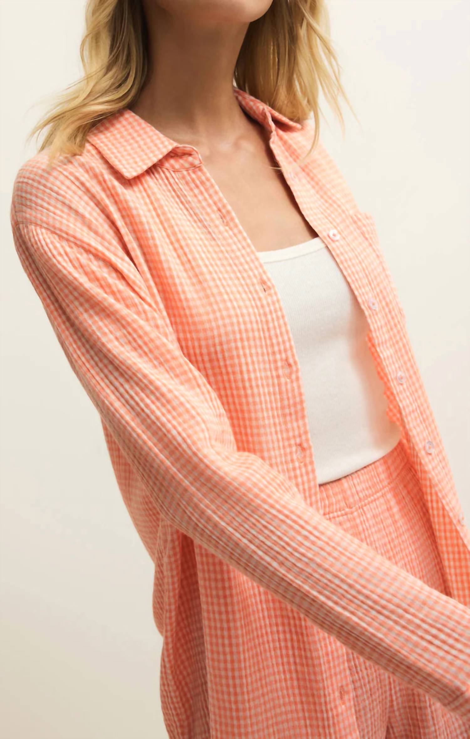 Z Supply Classic Gingham Top in cantaloupe - women's shirt - detail view
