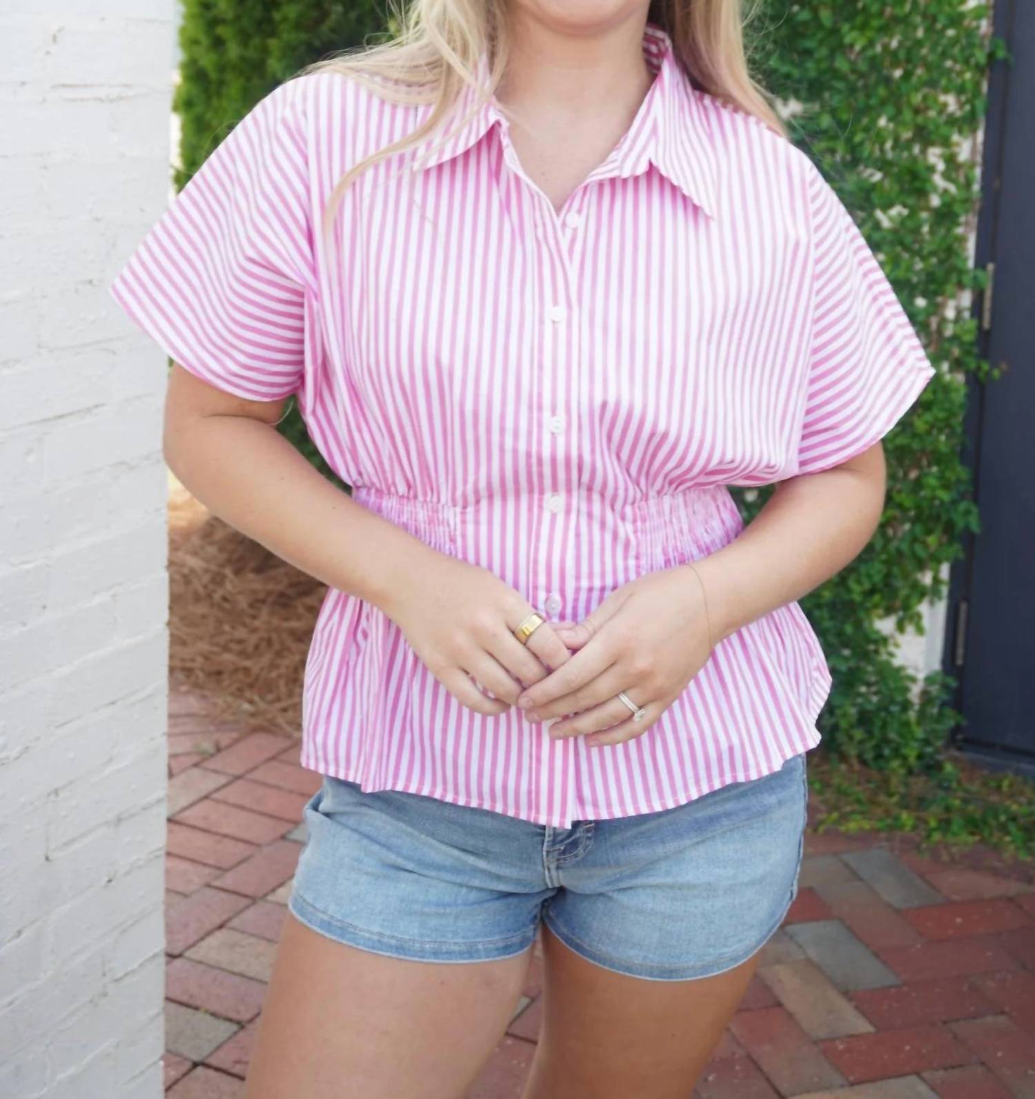Anniewear - Striped Smocked Waist Dolman Sleeve Top