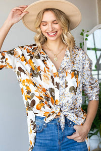 First Love - Floral Block Button Down Satin Shirt