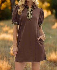 Entro - Puff Sleeve Mini Dress With Leopard Trim