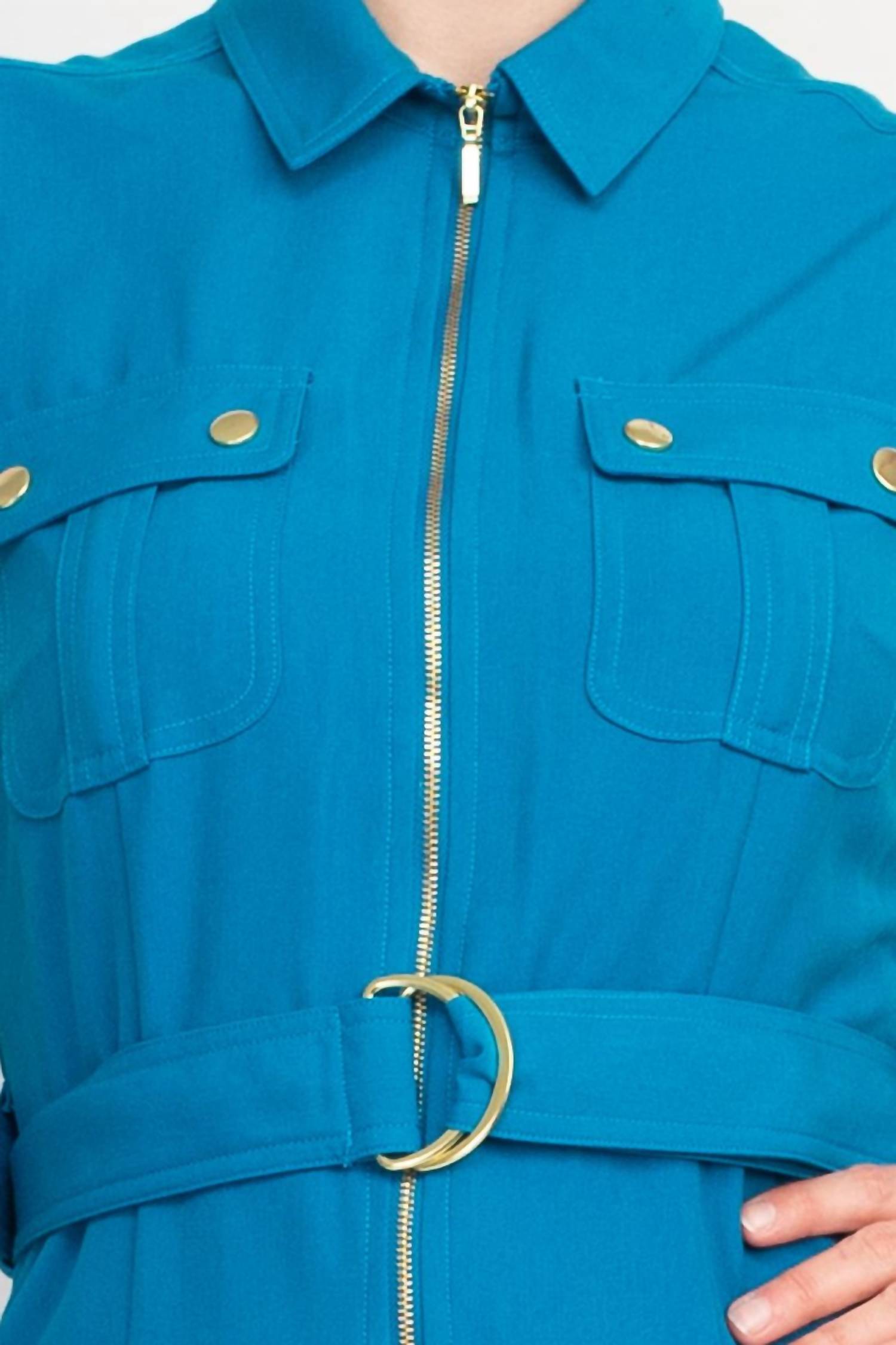 Sharagano - Belted Zip Front Dress With Pockets