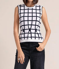 Minnie Rose - Windowpane Pleated Sleeveless Top