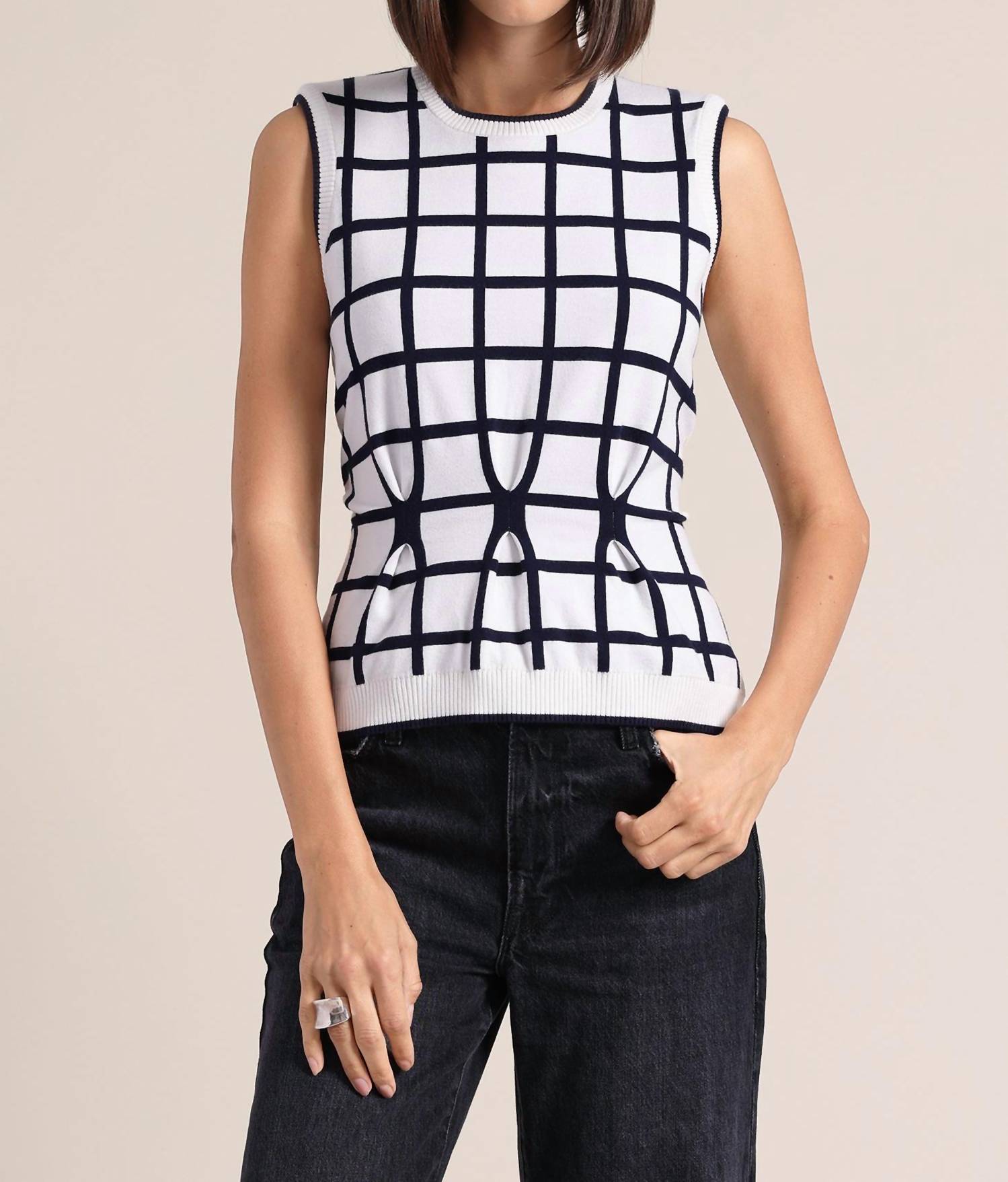 Minnie Rose - Windowpane Pleated Sleeveless Top