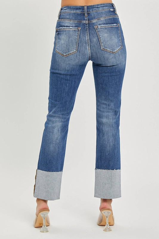 Risen - High Rise Ankle Straight Wide Cuffed Jeans