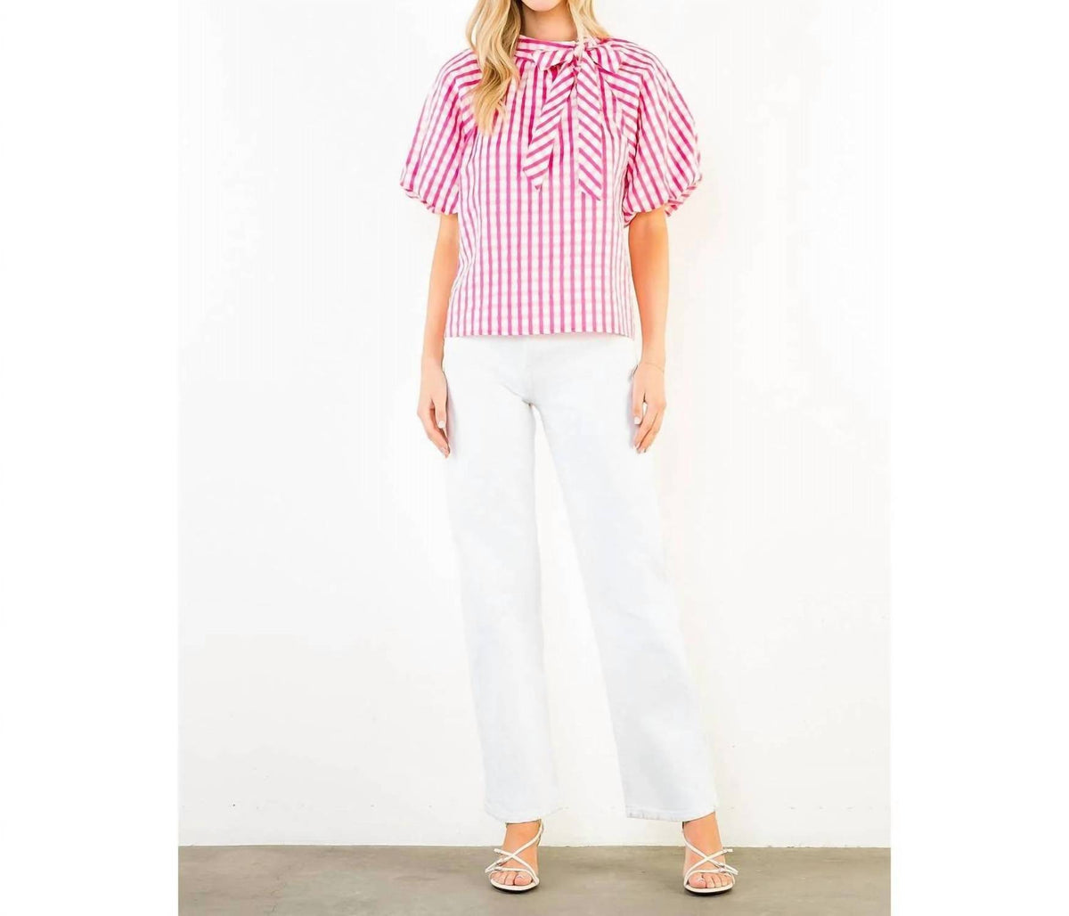 Thml - Main Street Style Gingham Puff Sleeve Tie Top