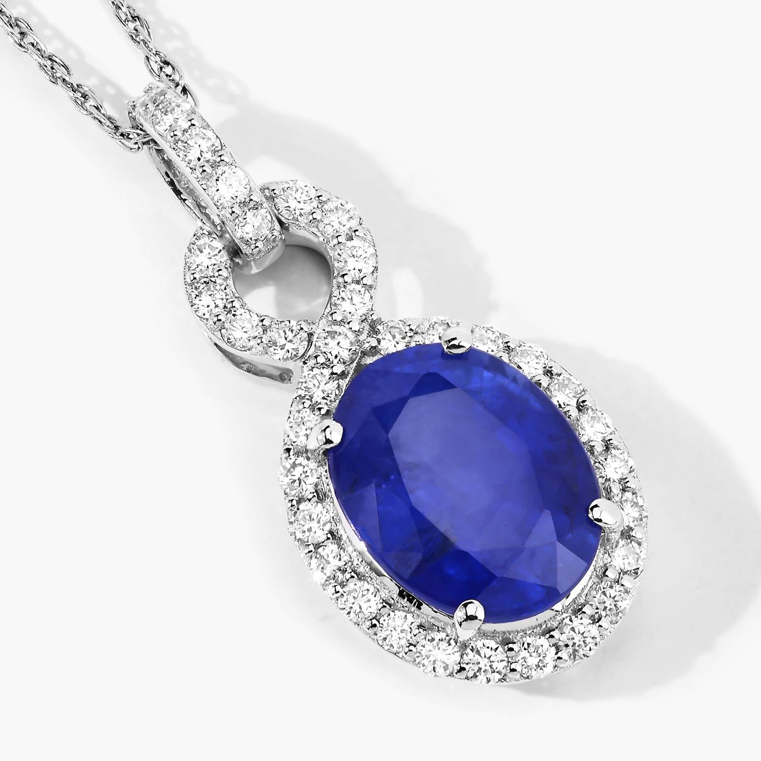 Diana M Jewels Women's Oval Natural Ceylon Blue Sapphire Pendant Necklace (2.92 Ct) - Signature in 18k white gold - women's jewelry - detail view