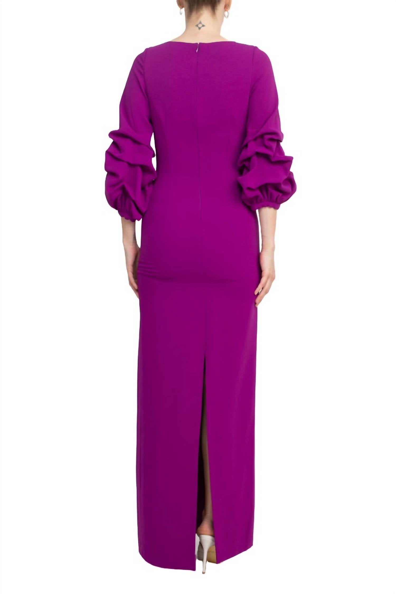 Alberto Makali - Boat Neck Gathered 3/4 Sleeve Slit Back Scuba Dress