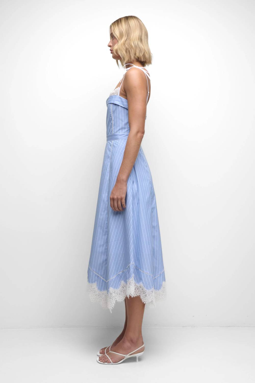 Simkhai Avaleigh Oxford Striped Lace Trim Midi Dress
