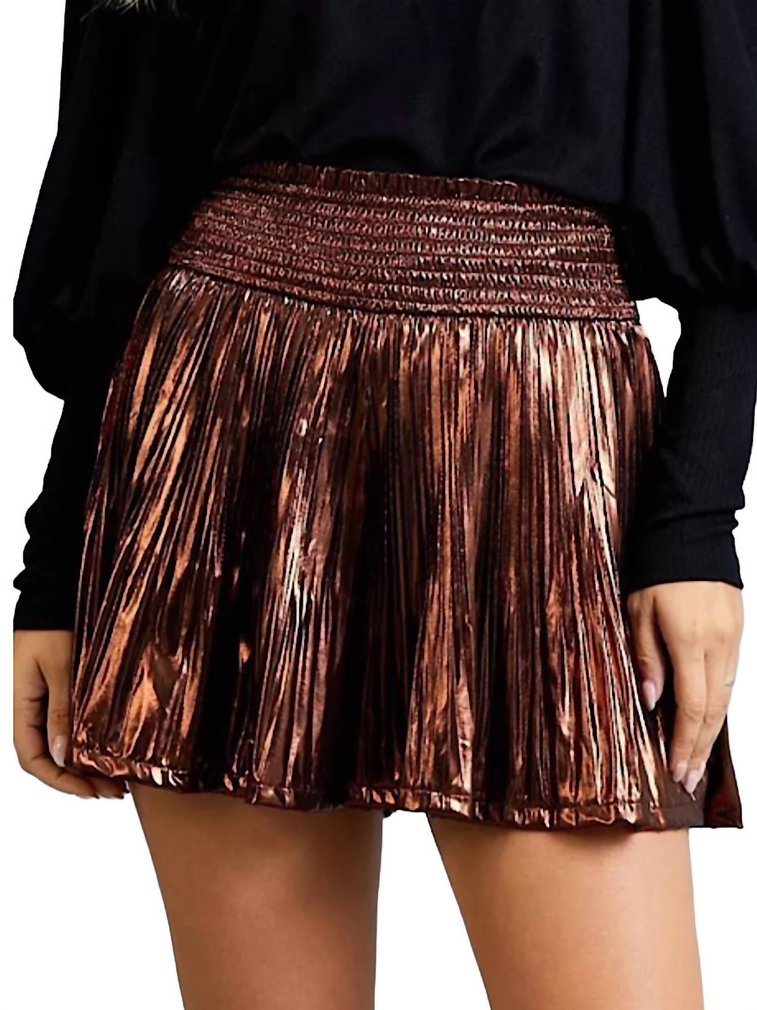 Glam - Smocked Elastic Waist Pleated Shorts