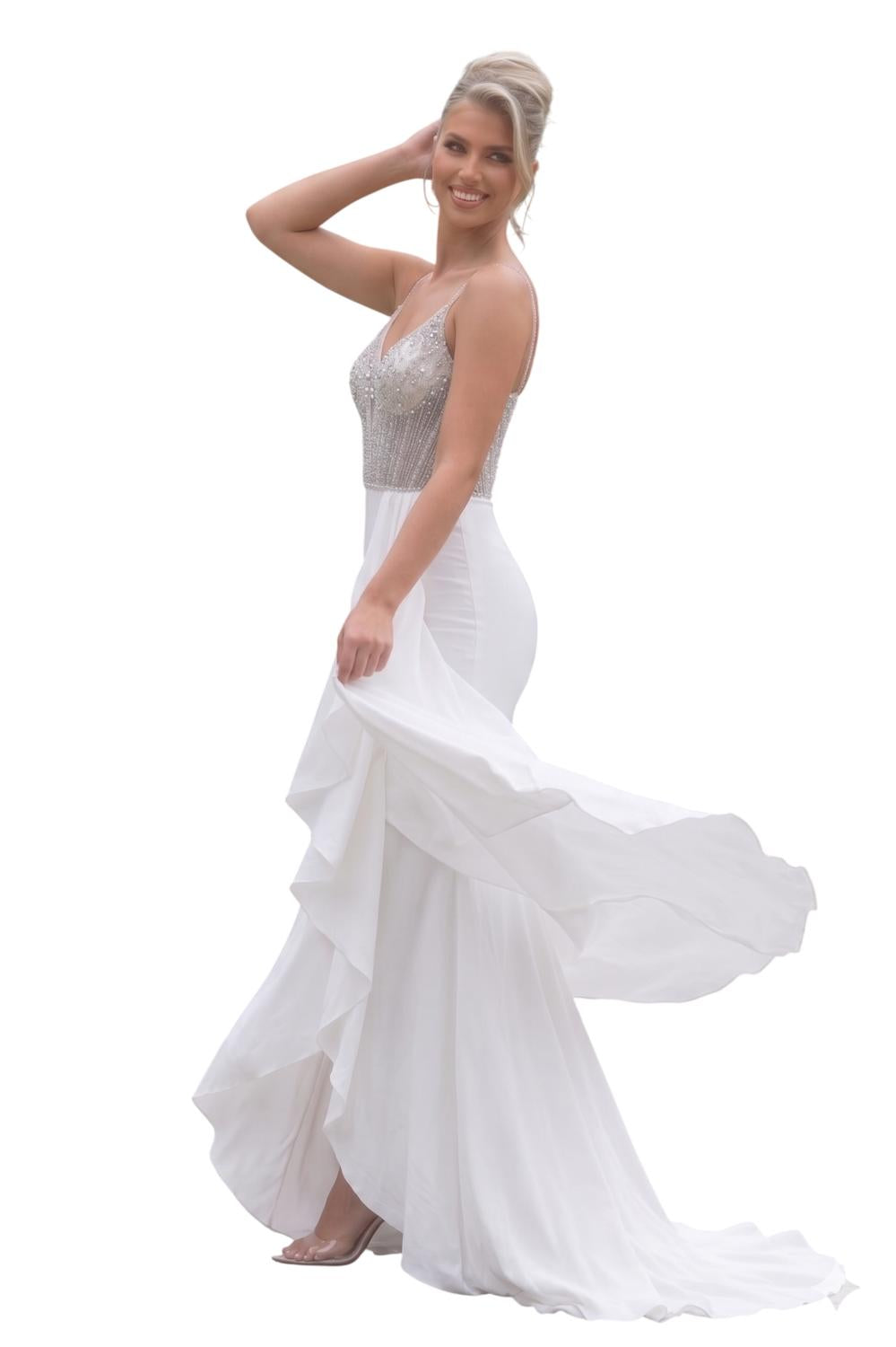 PORTIA&SCARLETT Beaded Fitted Long Evening Gown in white - women's dress - alternate view