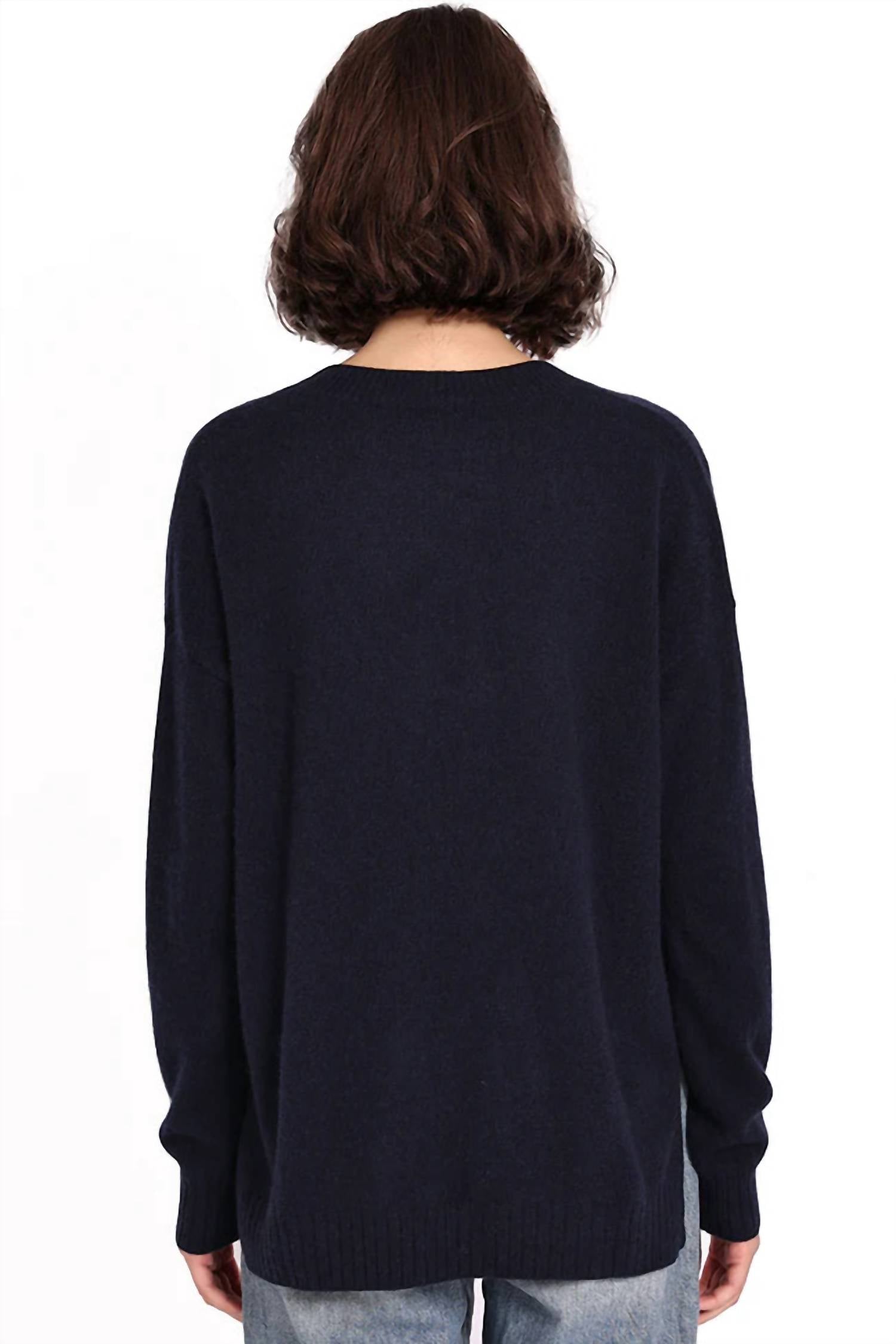 Minnie Rose Long & Lean V Neck Sweater in navy - women's sweater - alternate view
